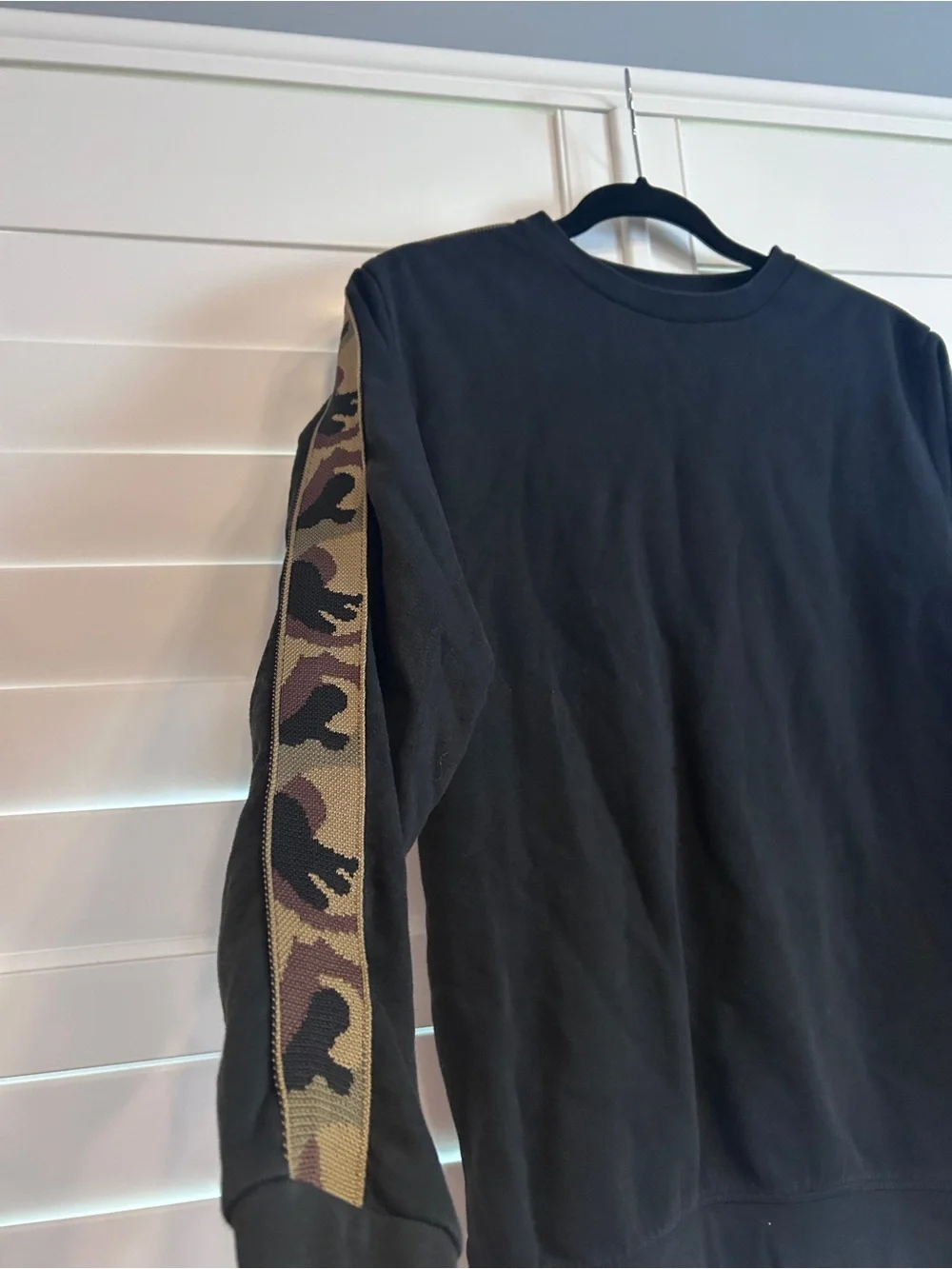 Black Crewneck Sweater with Camo Sleeve Panels